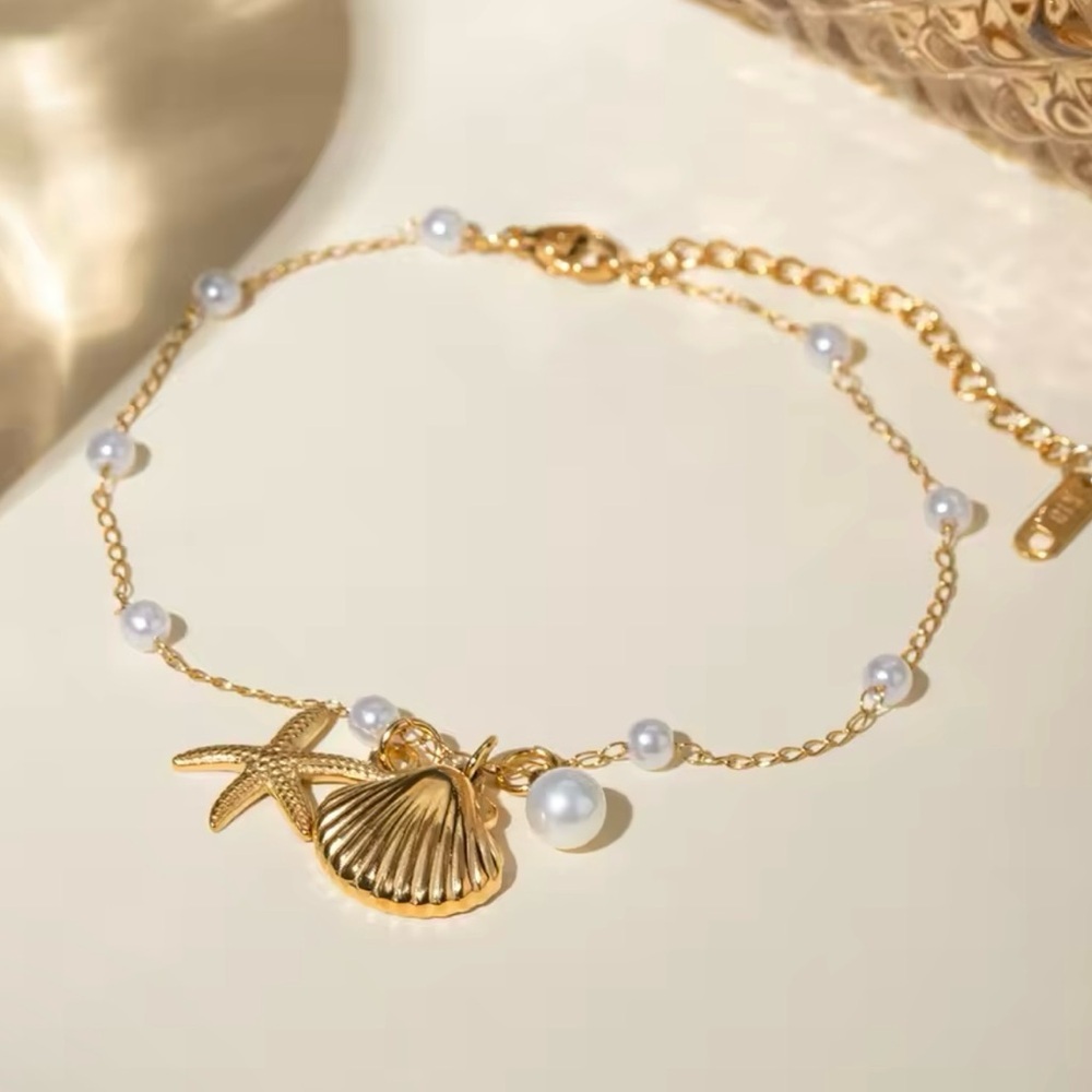 18K Gold Plated Stainless Steel Shell Starfish Imitation Pearl Pendant Anklet
